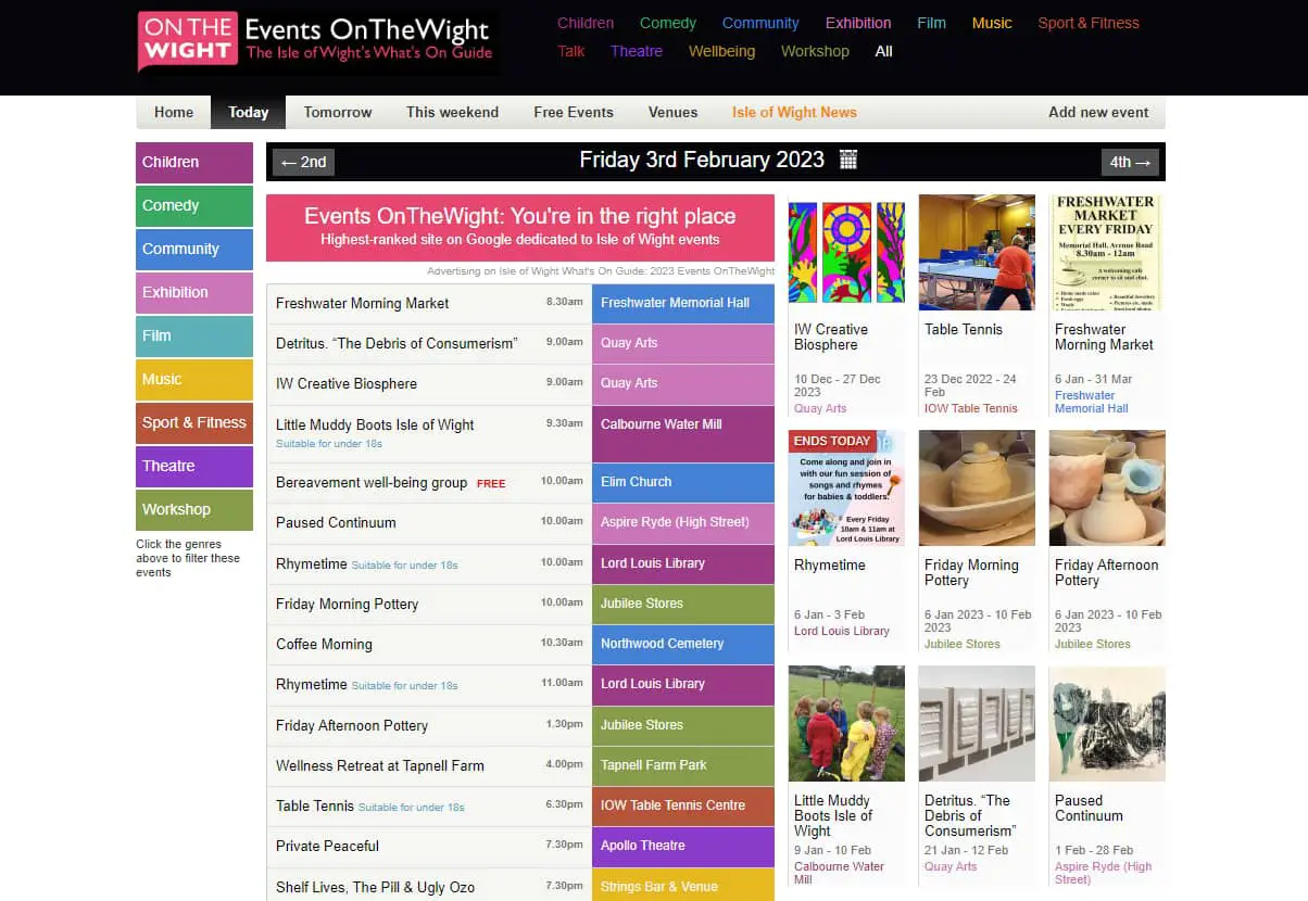 Screen grab of events listings site on friday 3rd feb