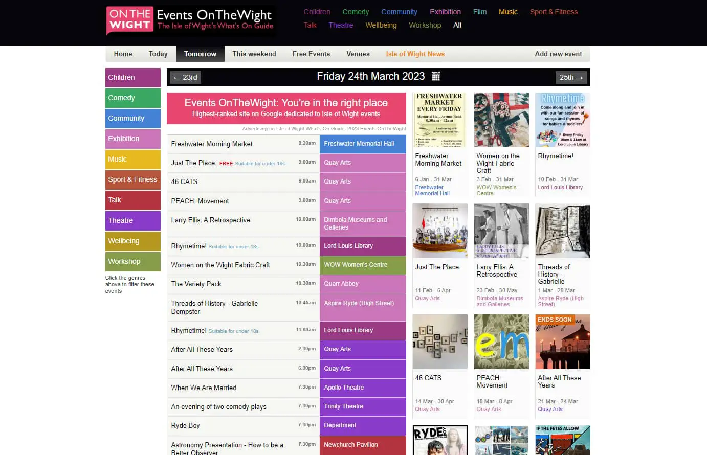 Screen Grab of the event listings site, showing a selection of the listings