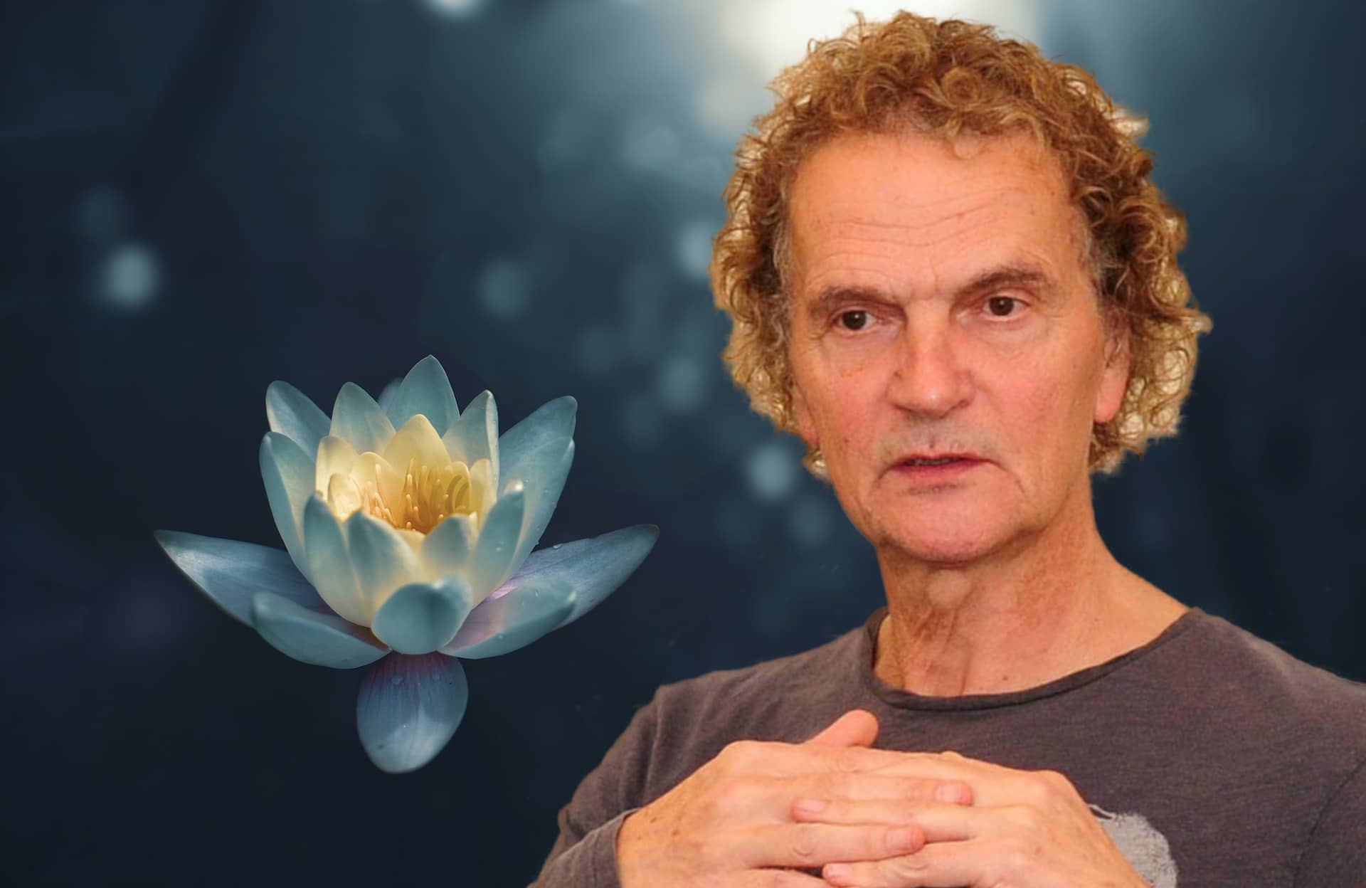 photo of Will Treend on blue background with Lotus flower