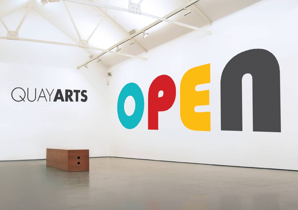 quay arts gallery with large letting on wall saying OPEN