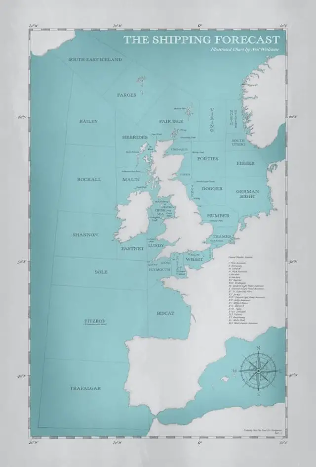 Illustrated map of the Shipping Forecast drawn by Neil and included with every reward