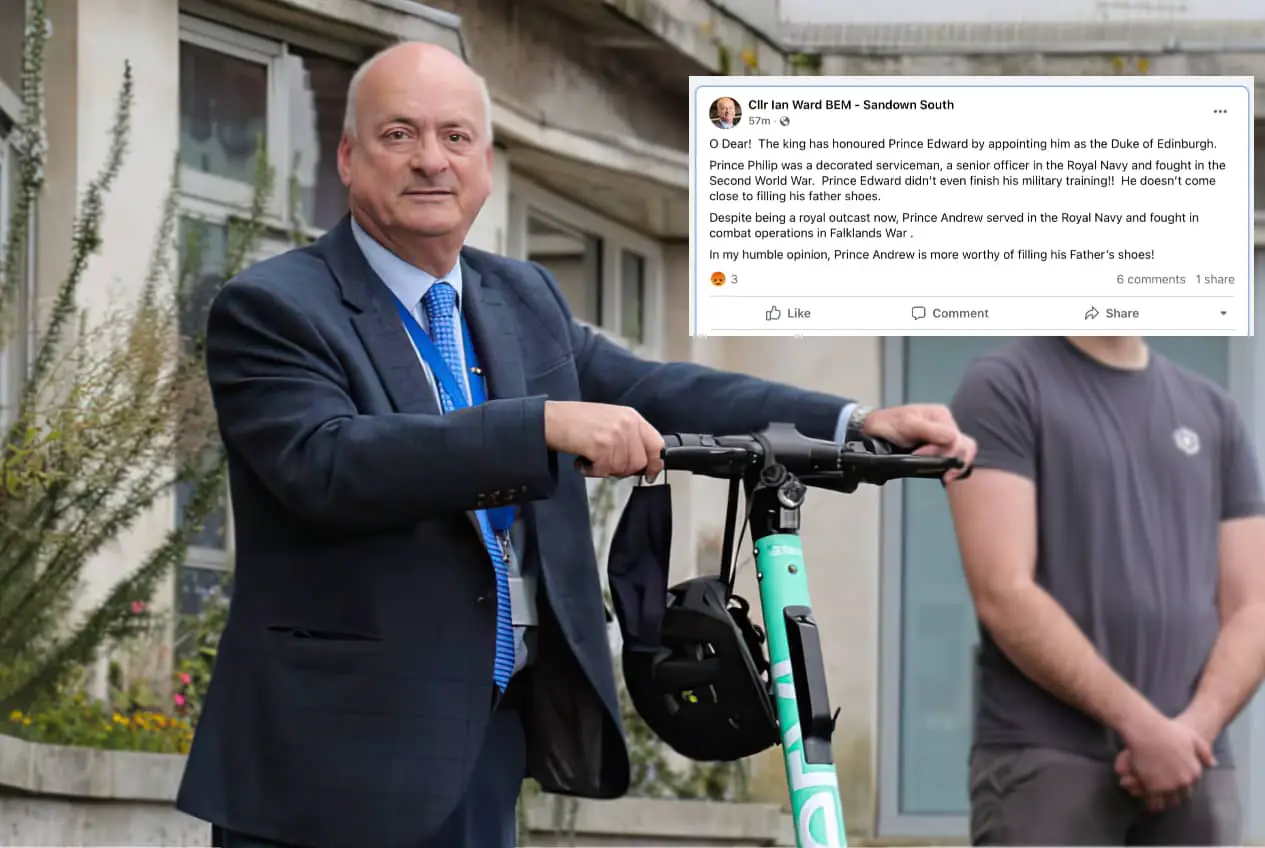 Ian Ward outside County Hall with Scooter and copy of his FB comment