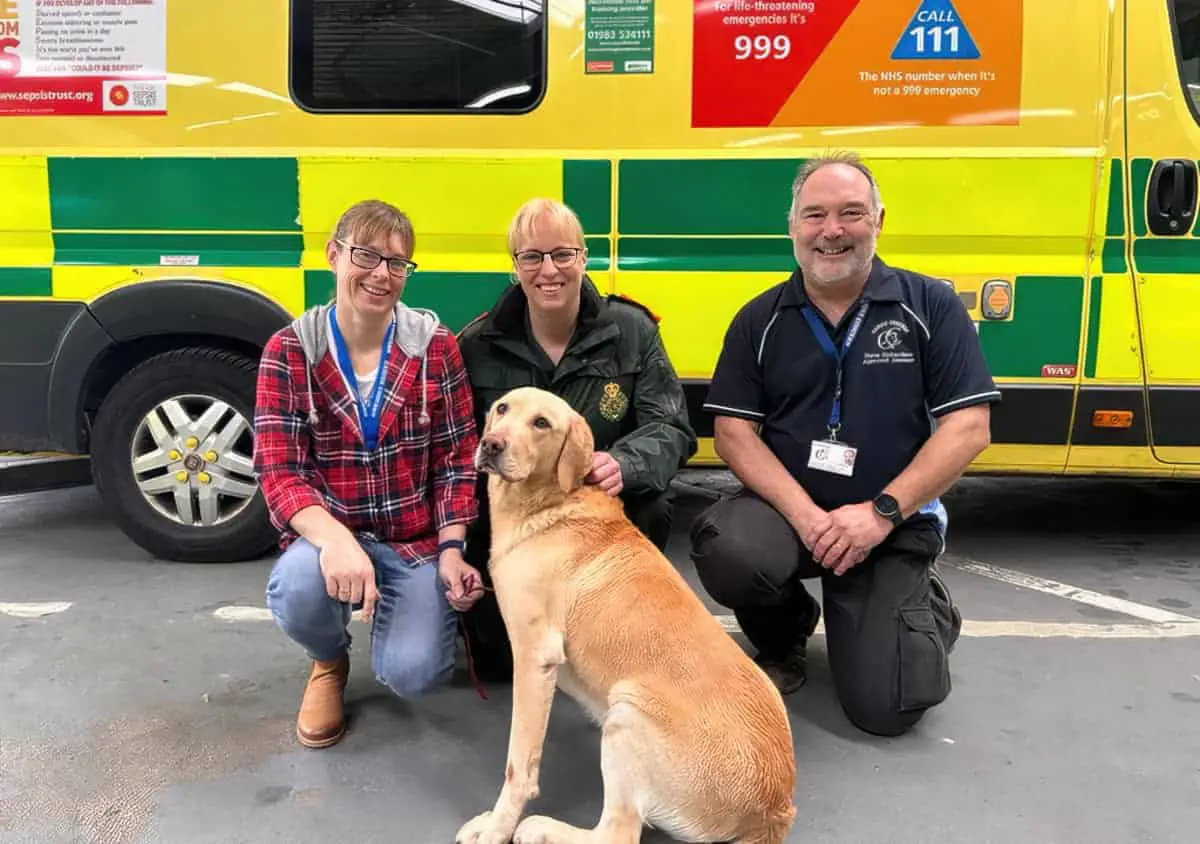 L-R Paramedics Emma Webb, Sophie Brockman and Steve Richardson from Canine Concern Charity and Ted the yellow Labrador-standard-width-1200px
