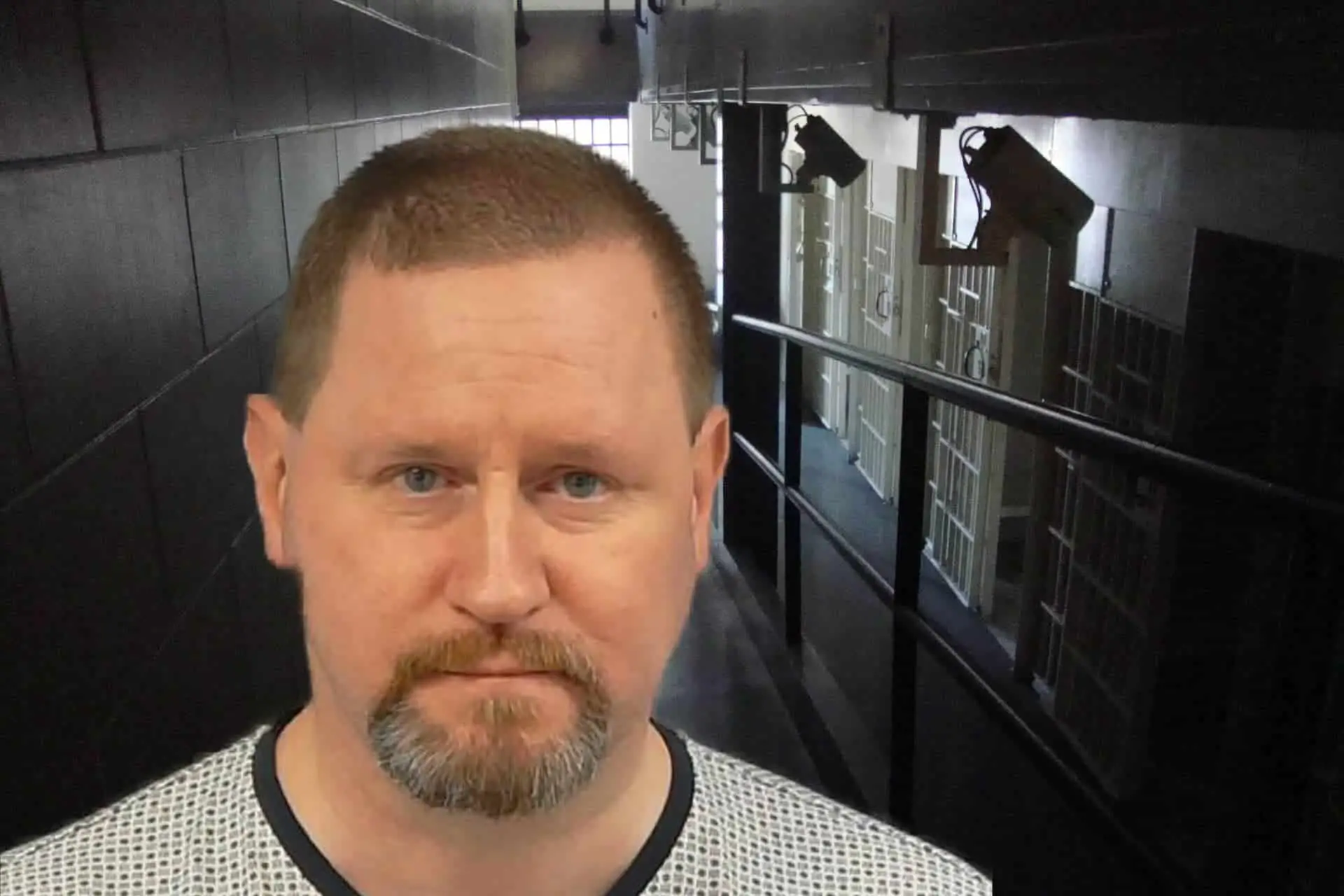 Jail corridor in background and mug shot of Daryll Pitcher in foreground