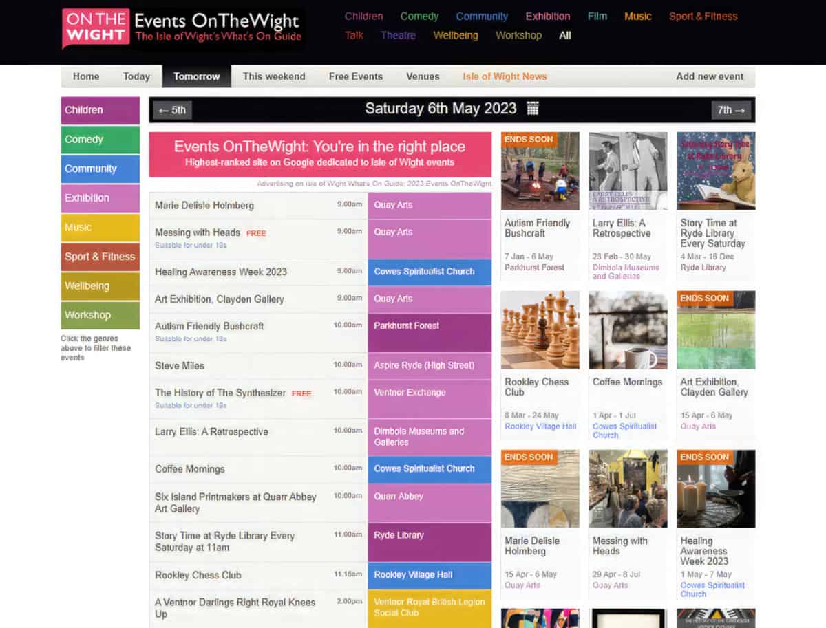 Screen grab of our event listings site, showing lots of events taking place on Saturday