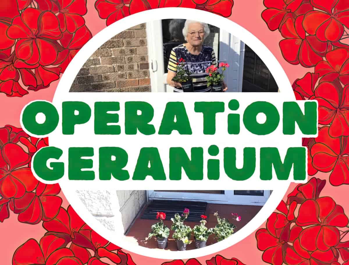 Older woman receiving a geranium on her doorstep