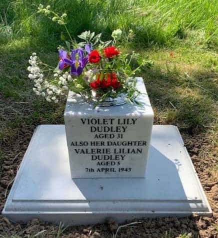Grave stone and flowers for Violet Dudley