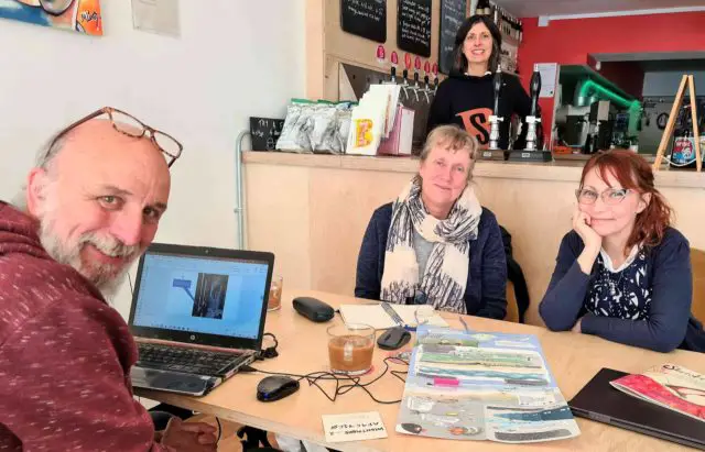 Ian Boyd, The Common Space with Sue Bailey and Jules Marriner, Isle of Wight Story Team planning the trail at Boojums Co-Working, hosted by Tracy Mikich with OTW flash