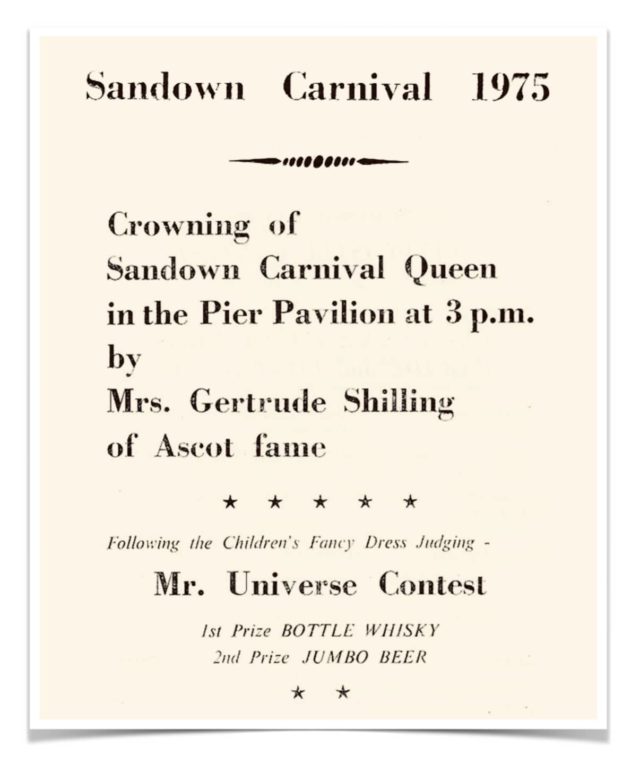 Sandown Carnival programme 1975, billing Mrs Shilling. Sandown Carnival.