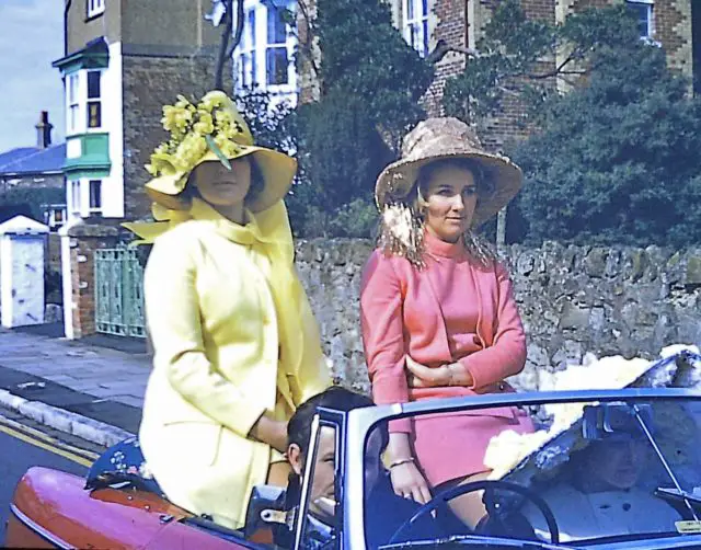 Sandown hatmaker Sue Jackson (left) with her Shilling-style hats, 1970s (courtesy of Sue Jackson