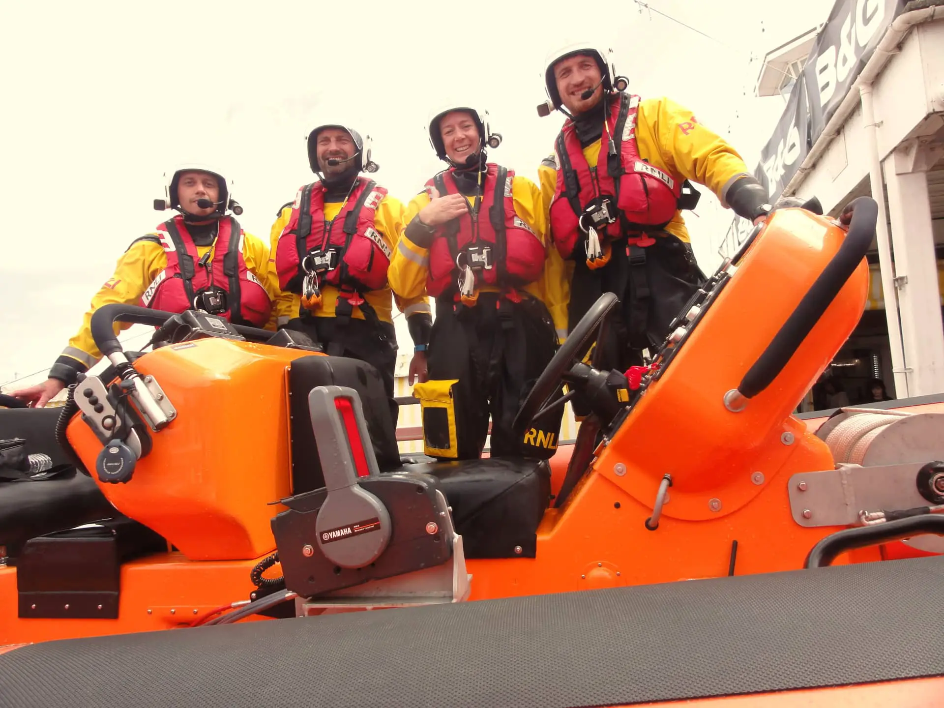 The lifeboat crew on their return to the station (left to right): Matt Glenn, Jack Banks, Libby Finch, and Myles Hussey.