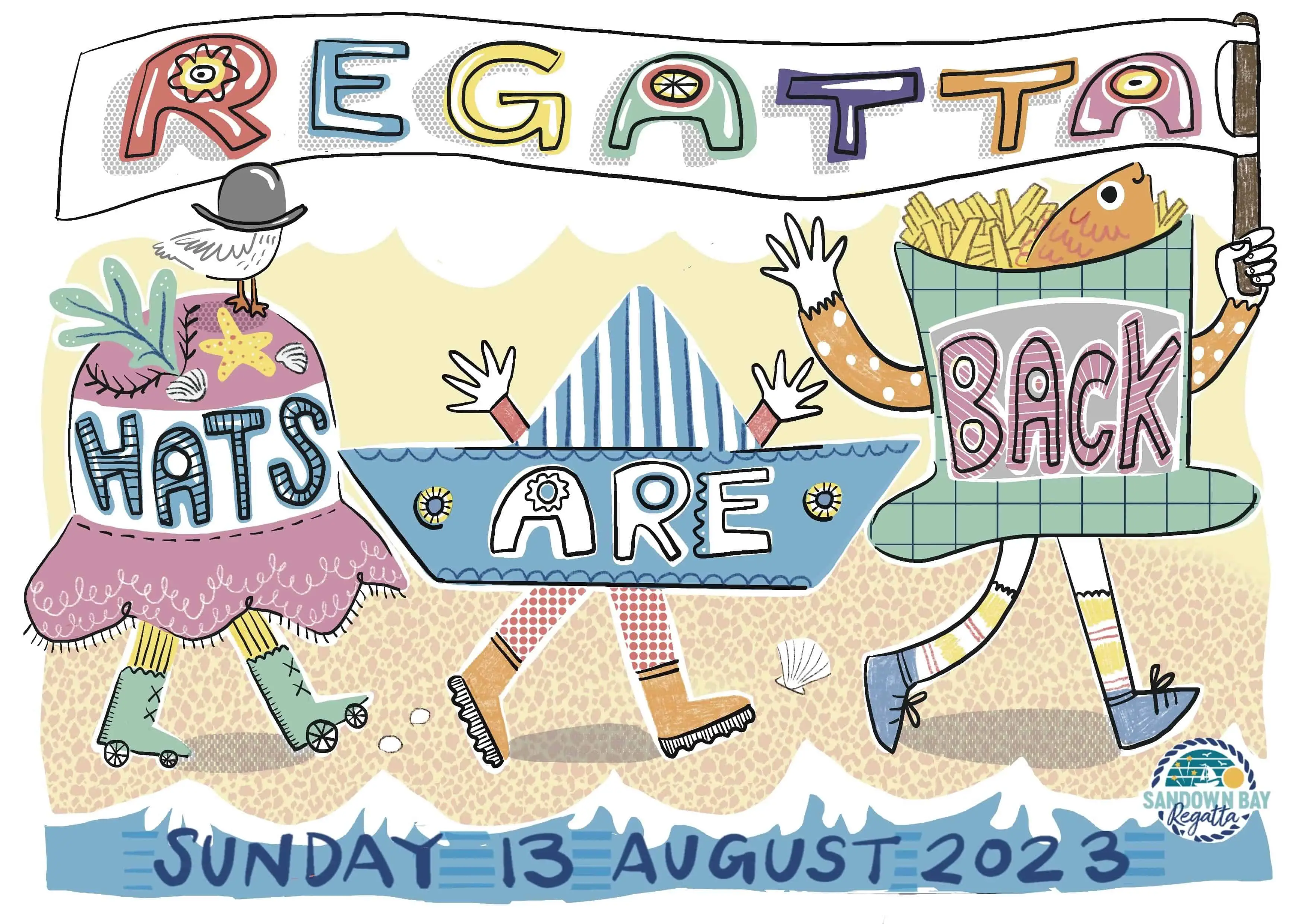 Regatta Hats Are Back, illustration for Sandown Carnival by Katie Stone with OTW flash