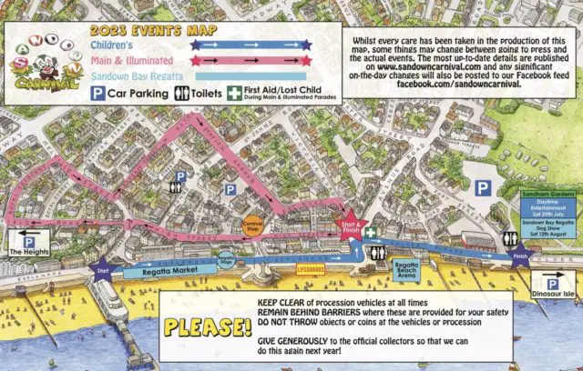 Route map for Sandown Children's Carnival (blue) and Main Carnival (pink)