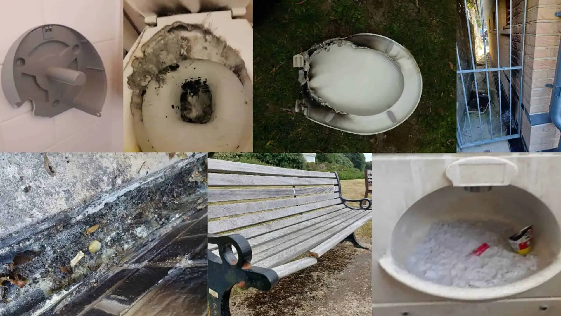 Montage of photos showing vandalism in Ventnor, broken toilets, damaged bench, fire damage etc
