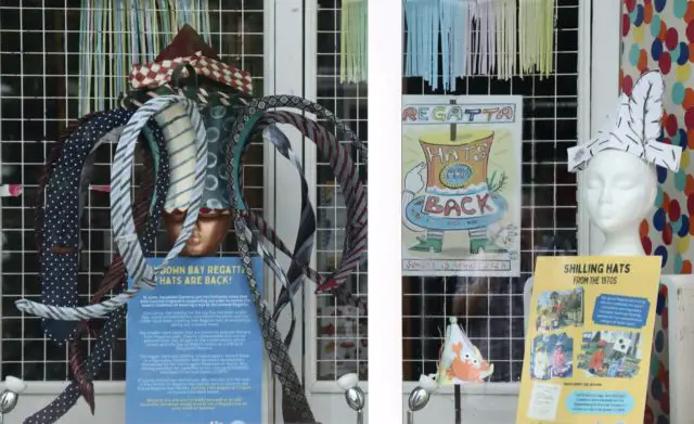 A big hat made from ties on show at Sandown Carnival shop, by artist Joel Lines using neckwear donated by the public