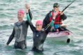 Solent Swim 2023 Finishers Lottie James and Charles Bagot Kayaker