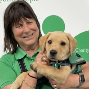 Taylor a yellow Labrador, three months old with puppy parent Janet