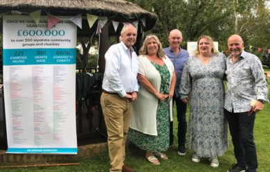 Trustees of WightAID with the banner announcing the £600,000 total being passed. From left: David Jackson, Claire John, Geoff Underwood, Rachael Randall and Brian Marriott