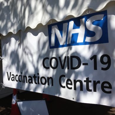 Entrance to Covid-19 vaccination centre at Riverside Centre, Newport