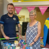 Newport FC representatives delivering donations to Pan Together Pantry in Furrlongs, Newport. L-R: Pan Together Community Centre Manager Rachel Thompson, Newport FC player Joe Butcher, Pan Together Trustee Mary Craven and Newport Supporters Trust Foodbank Co-ordinator Nick Sewell