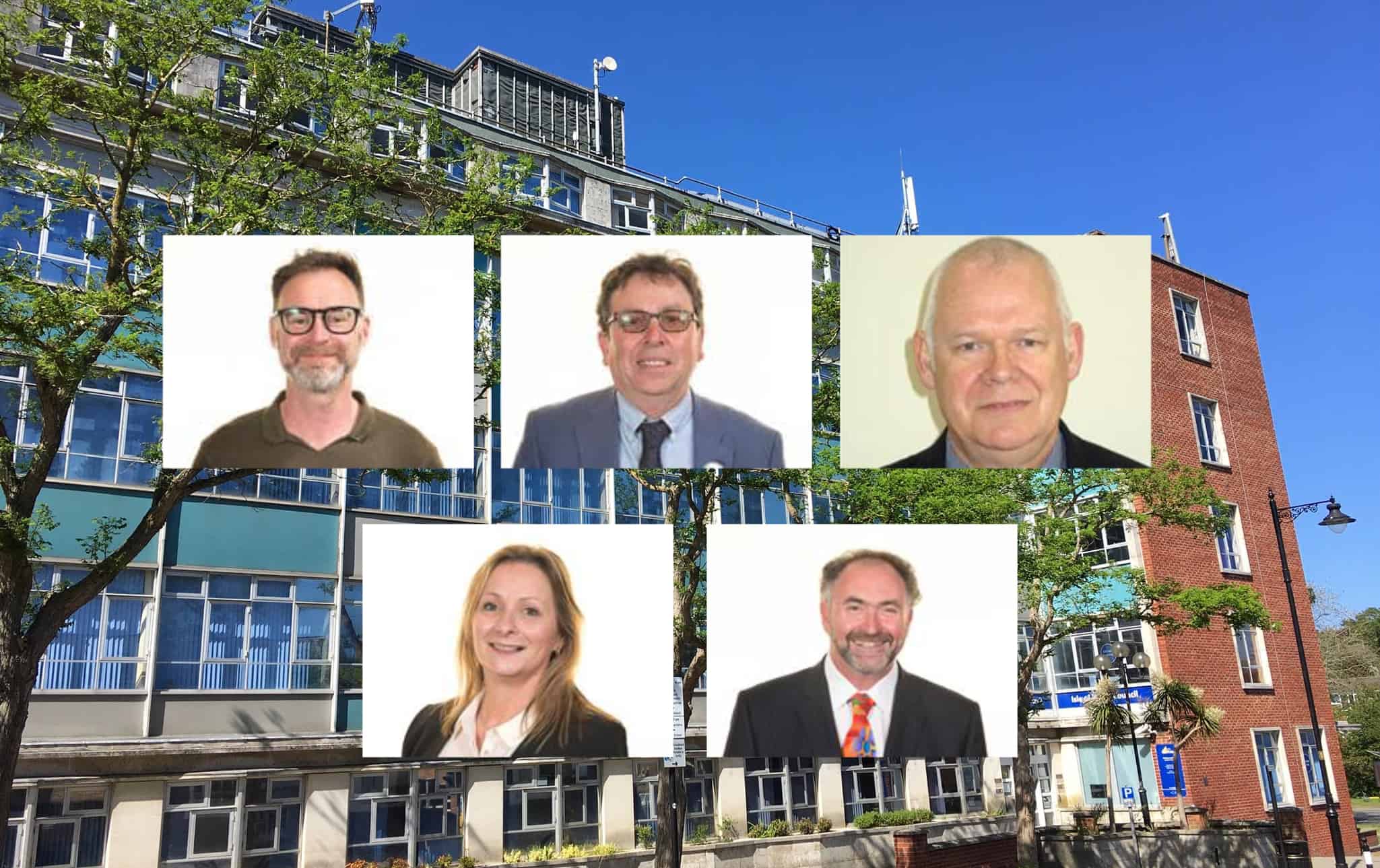 County Hall background with shots of Richard quigley, michael lilley, geoff brodie, suzie ellis and chris jarman