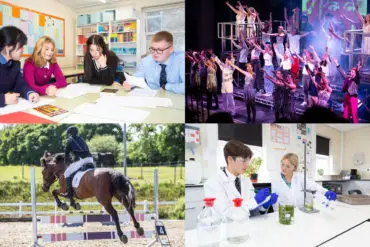 Collage of pupils in lab, pupil horseriding, pupils performing o