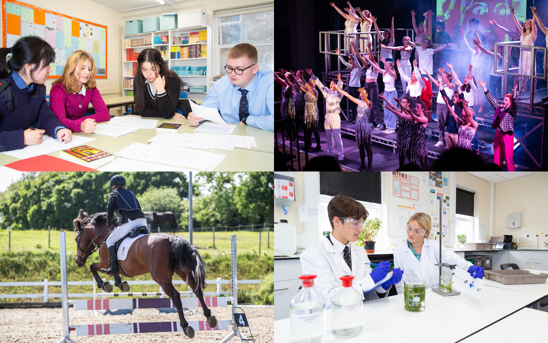 Collage of pupils in lab, pupil horseriding, pupils performing o