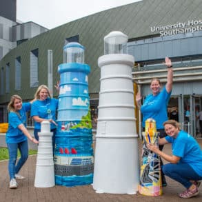 Tall Lighthouse designed by Jess Perrin and small lighthouse designed by Kezia Hoffman