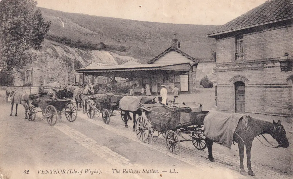 Victorian postcard of Ventnor Station showing horses and carts