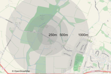 Mapshowing 250m, 500m and 1000m range from Palmers Farm site