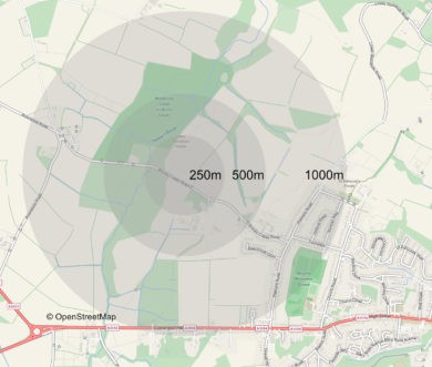 Mapshowing 250m, 500m and 1000m range from Palmers Farm site