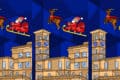 Montage of Kira Lacey's Xmas Card showing Santa flying over Osborne House in his sleigh