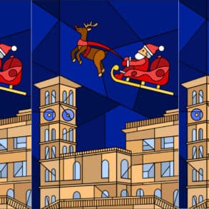 Montage of Kira Lacey's Xmas Card showing Santa flying over Osborne House in his sleigh