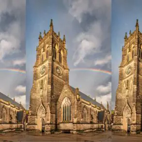 trio of photos of Newport Minister with rainbow overhead by Steve Gasgoine from Available Light