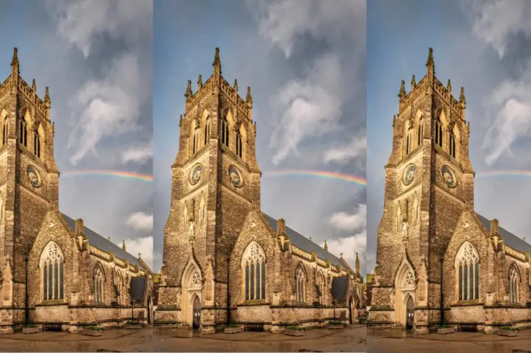trio of photos of Newport Minister with rainbow overhead by Steve Gasgoine from Available Light