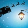 Illustration of a rubbish truck being pulled through the sky by reindeers