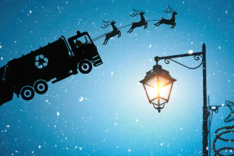 Illustration of a rubbish truck being pulled through the sky by reindeers