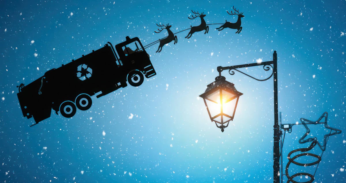 Illustration of a rubbish truck being pulled through the sky by reindeers