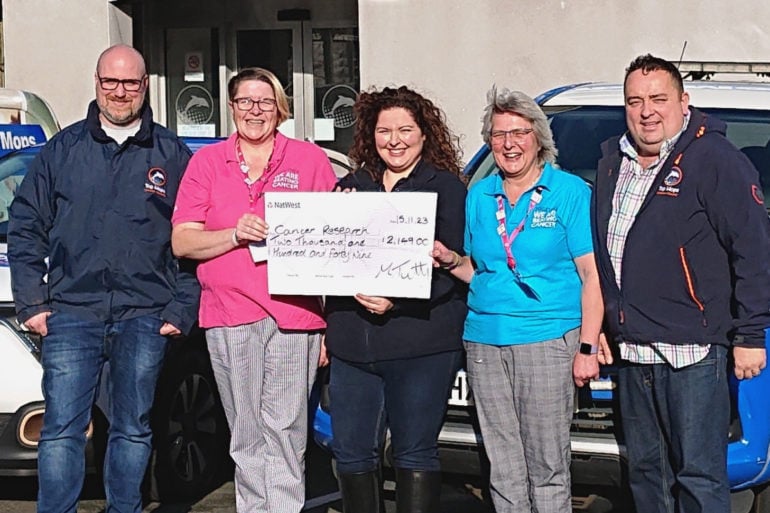 L-R: Craig Ford (Top Mops Director, Sarah Porter (Cancer Research Volunteer Committee), Sarah Ford (Top Mops Relationship Manager), Jayne Bowater (Cancer Research Volunteer Event Chair) and Mark Tutty (Top Mops Founder and Managing Director)