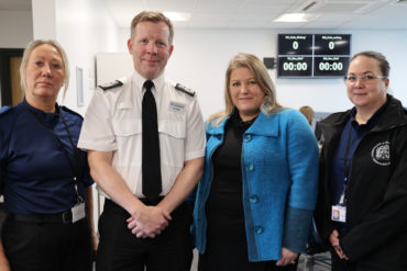 L-R call handler Louisa Mcdonough, Chief Constable Scott Chilton, Hampshire and the Isle of Wight's Police and Crime Commissioner Donna Jones and call handler and Laura Markwick