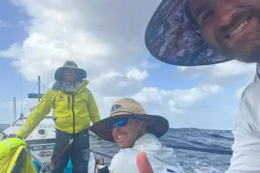Mermaid Atlatic Team, Xav, Chris and Paul in the rowing boat on the Atlantic Ocean