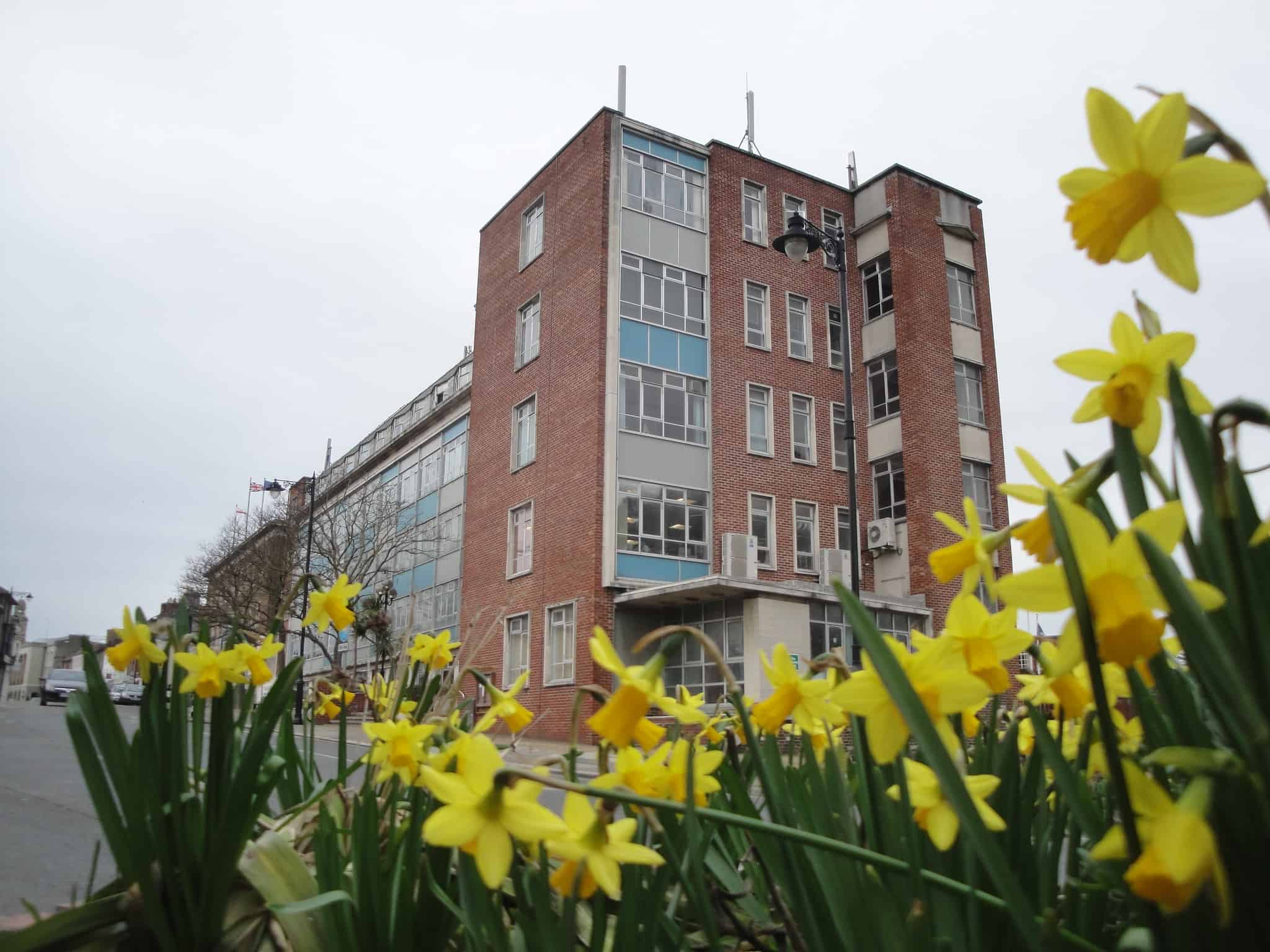 Daffodils outside County Hall in Newport by Simon Haytack
