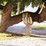 Giant carved hand holding up a large tree branch