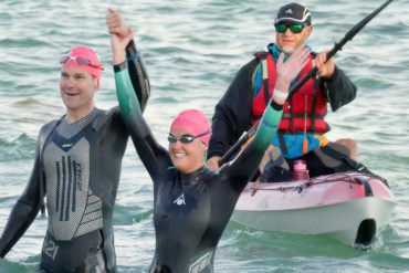 Solent Swim 2023 Finishers Lottie James and Charles Bagot Kayaker
