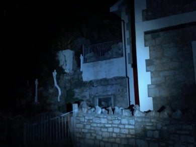 Night shot of Tower House zigzag road landslide