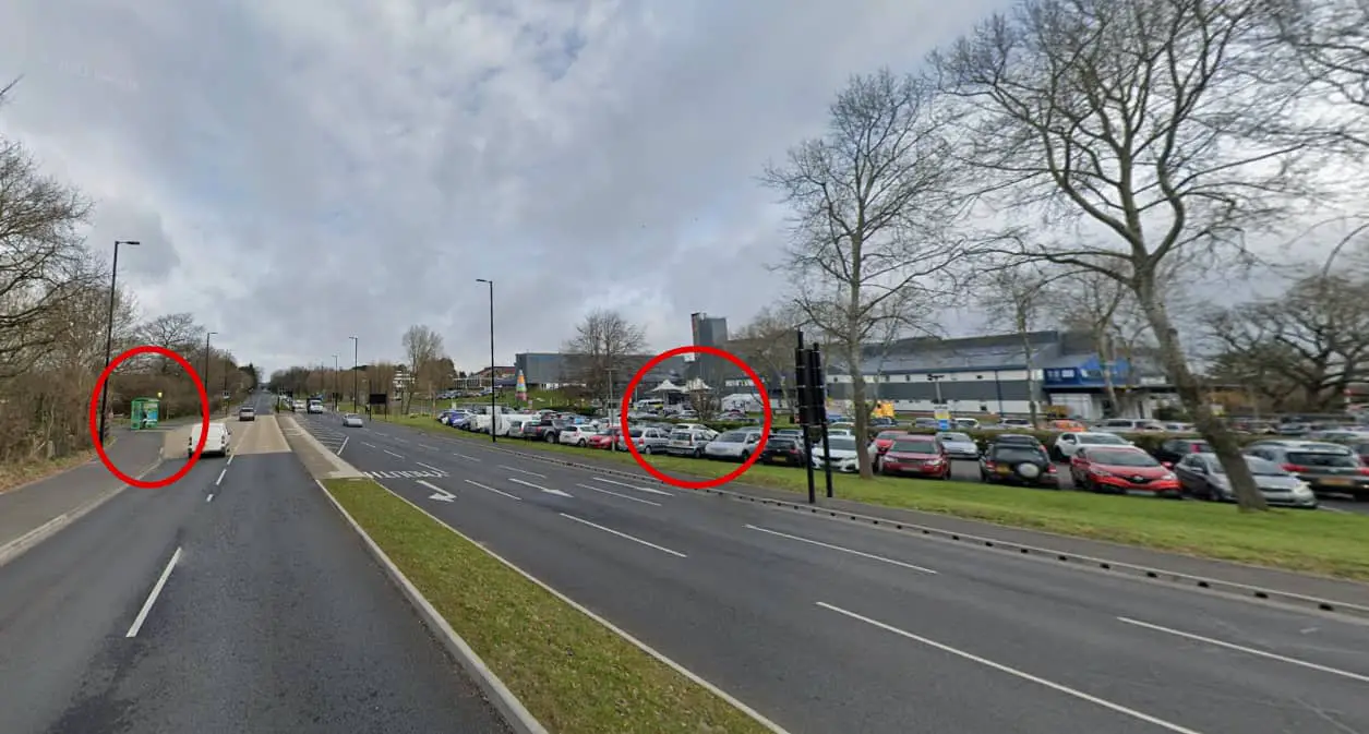 streetview of Parkhurst Way showing where the bus stop is in relation to the hospital entrance