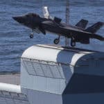 Royal Navy Cmdr. Nathan Gray, F-35 Integrated Test Force at NAS Patuxent River, Md., makes the first ever F-35B Lightning II takeoff from HMS Queen Elizabeth.