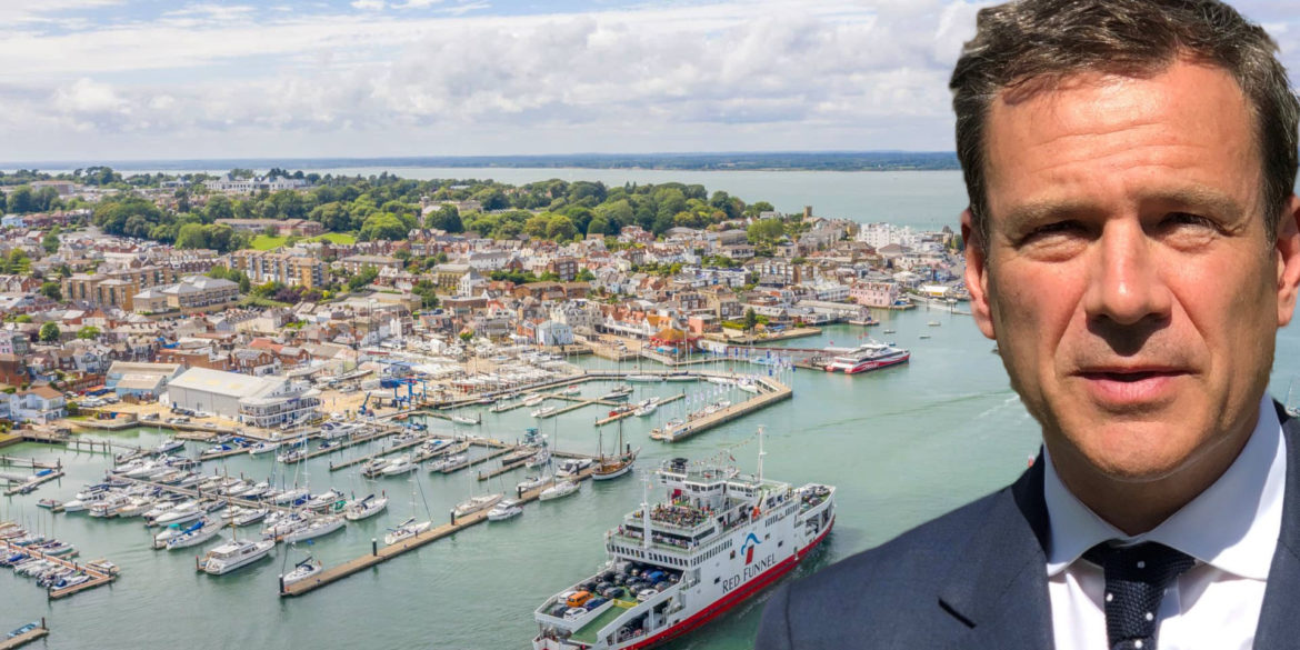 Red Funnel ferry leaving Cowes and Bob Seely MP in foreground