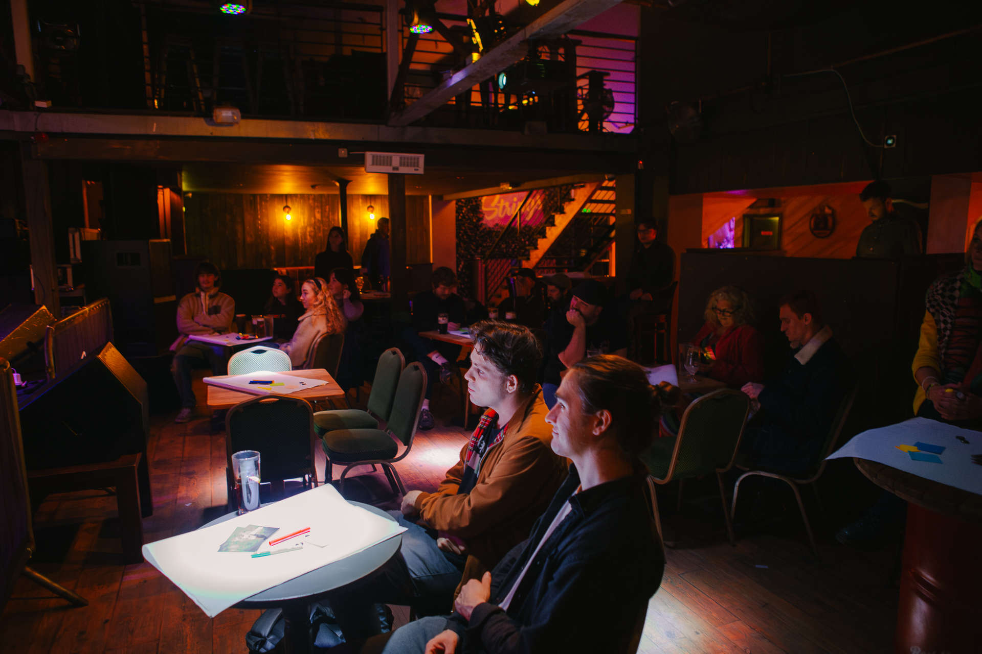 Students watching the stage at Future Works event at Strings Bar by David Rutherford