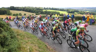 Tour of Britain cyclists racing up hill